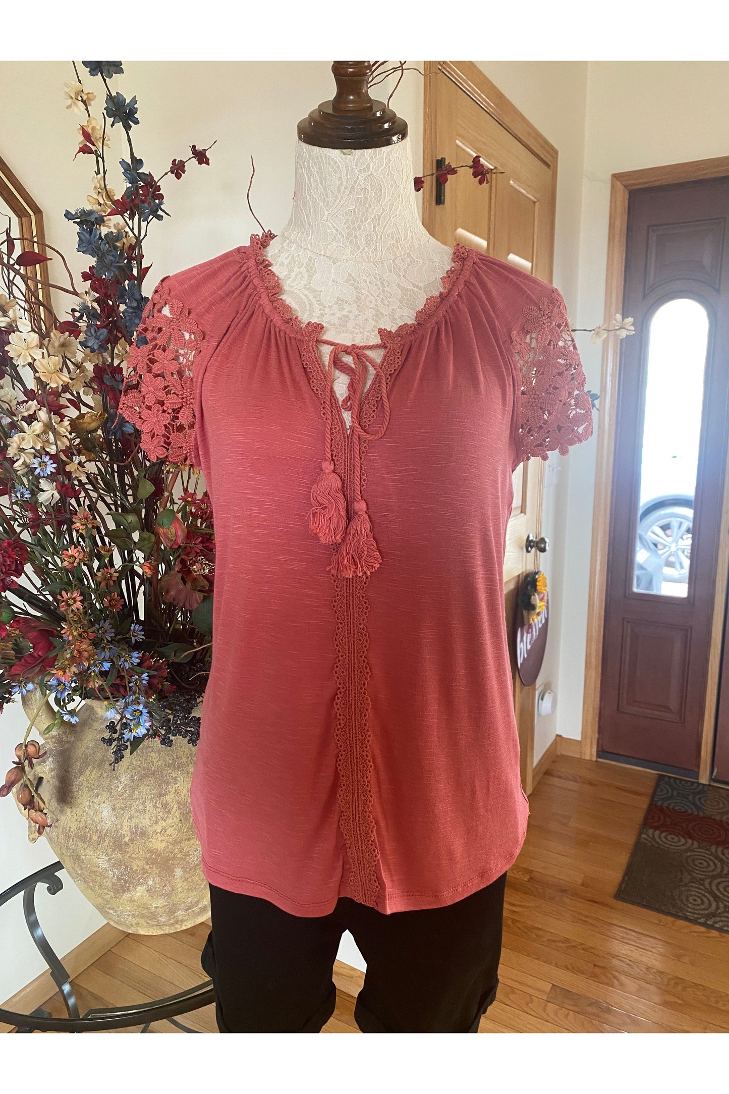Keren Hart - Peasant Top Cut Out Flowers On Sleeves-Tie V-Neck - Salmon