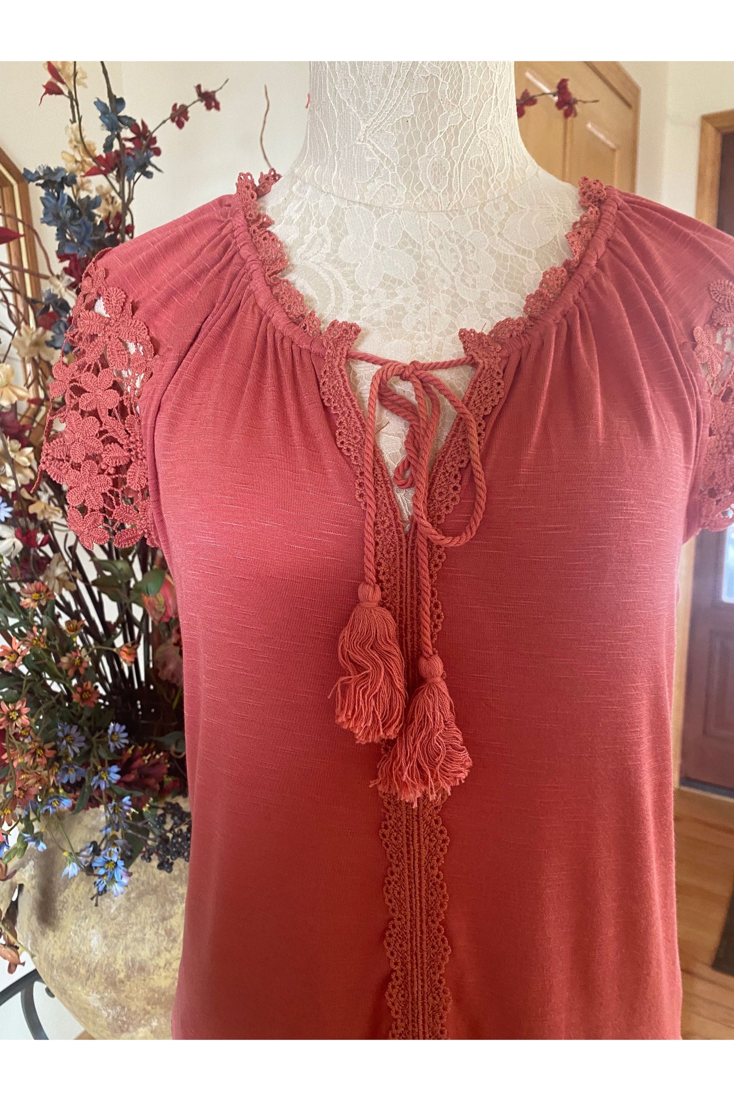 Keren Hart - Peasant Top Cut Out Flowers On Sleeves-Tie V-Neck - Salmon