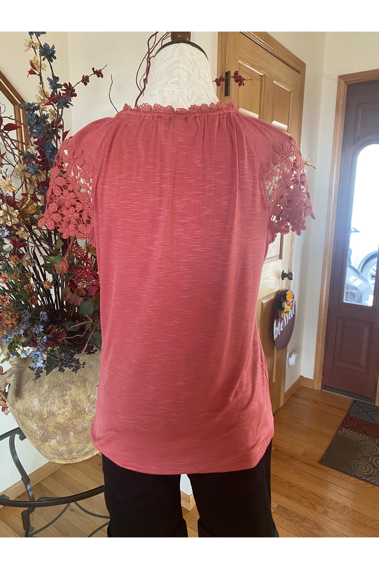 Keren Hart - Peasant Top Cut Out Flowers On Sleeves-Tie V-Neck - Salmon