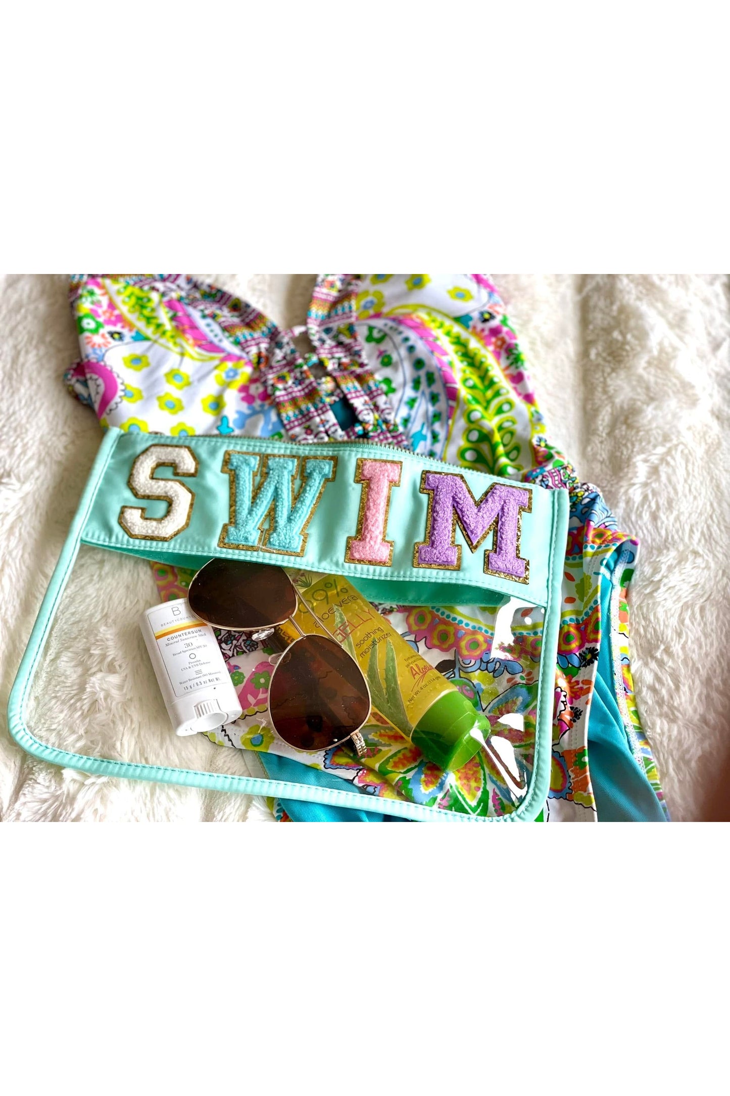 Classy Cloth - Chenille Letter Clear Pouch - SWIM - Aqua w/Colored Lettering