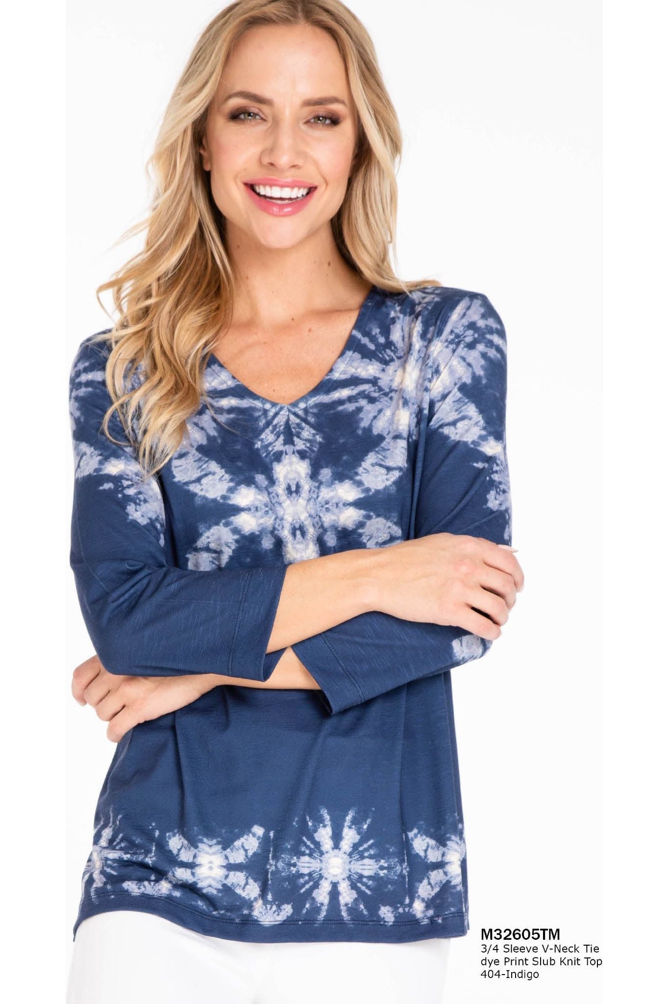 Multiples - 3/4 Sleeve V-Neck Indigo Top - M32605TM