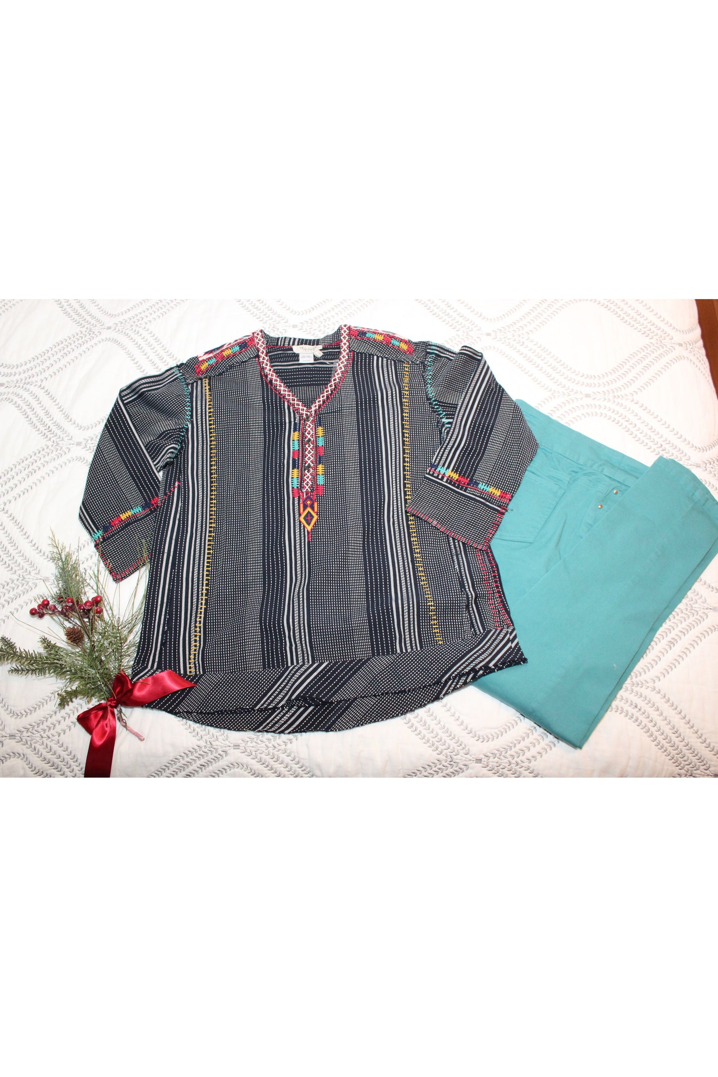 Tru Luxe - Embroidered V-Neck Stripe Pull Over Top - Multi