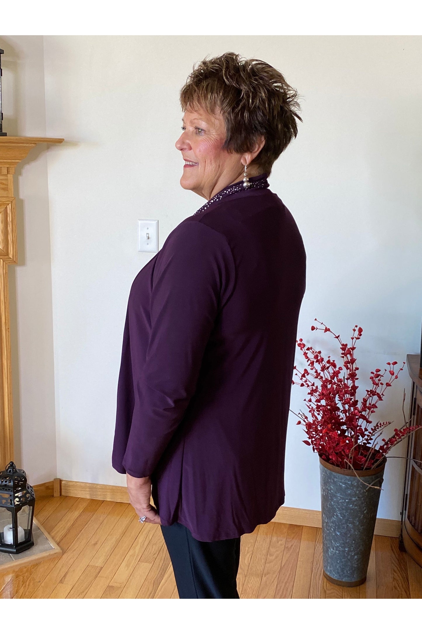 Solid Cardigan With Rhinestones Down The Lapel