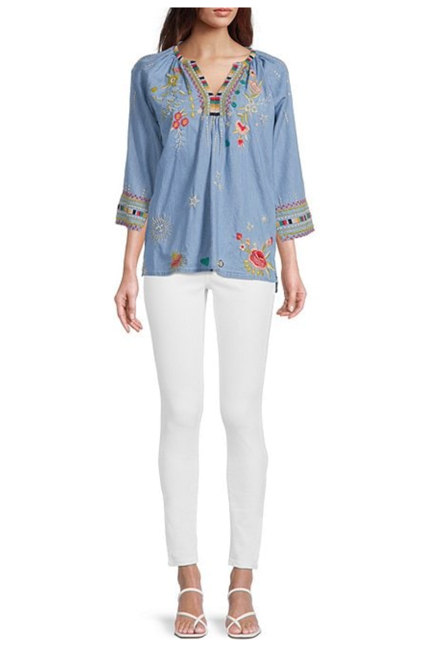 Tru Luxe - Embroidered Notch Neck Tunic - Light Indigo - T12300BM