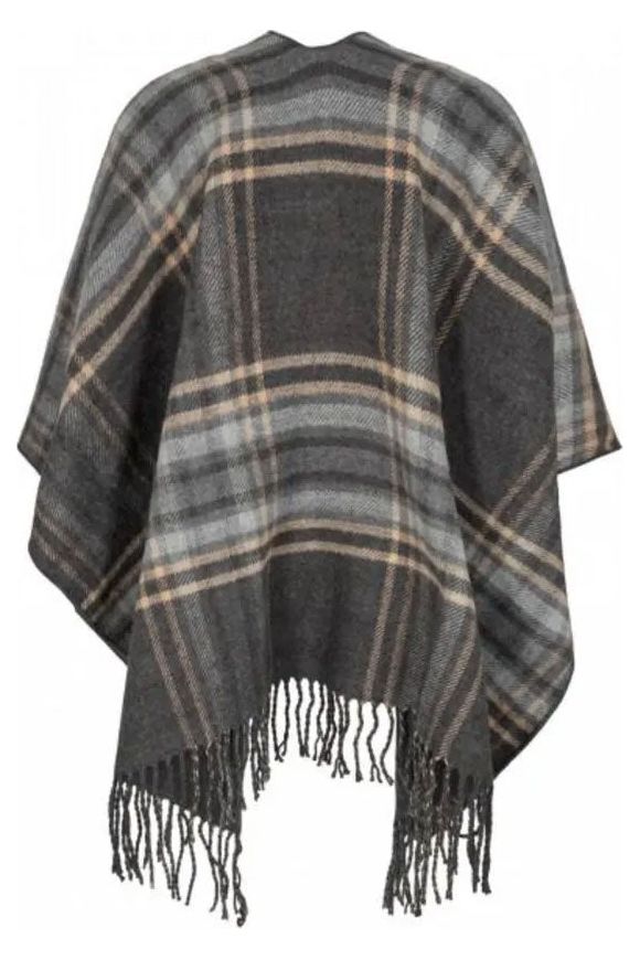 SoyaConcept from Denmark - Plaid Fringe Shawl - Dark Grey Melange