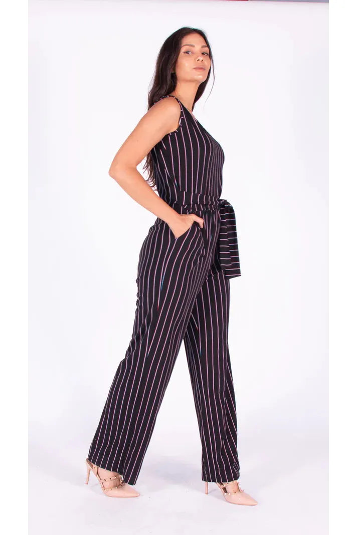 ISCA - V-Neck Jumpsuit With Self Tie - Black W/Red, White & Light Blue Stripes - 5243394