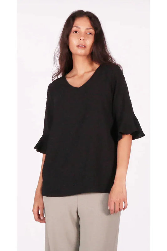 ISCA - Flutter Sleeve V-Neck Top - Black - 84241196