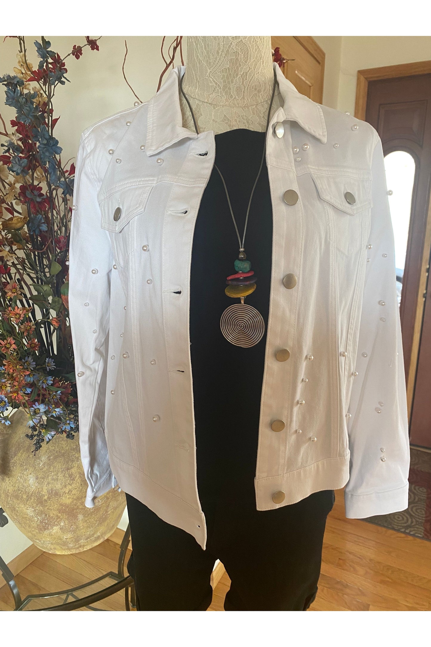 Multiples - Cuffed Long Sleeve 2 Pocket Button Jean Jacket with Pearl Embellishment - White - M13608JM