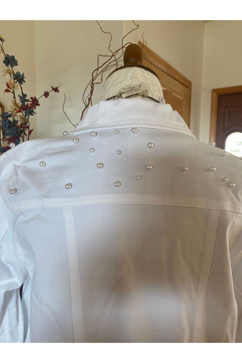 Multiples - Cuffed Long Sleeve 2 Pocket Button Jean Jacket with Pearl Embellishment - White - M13608JM