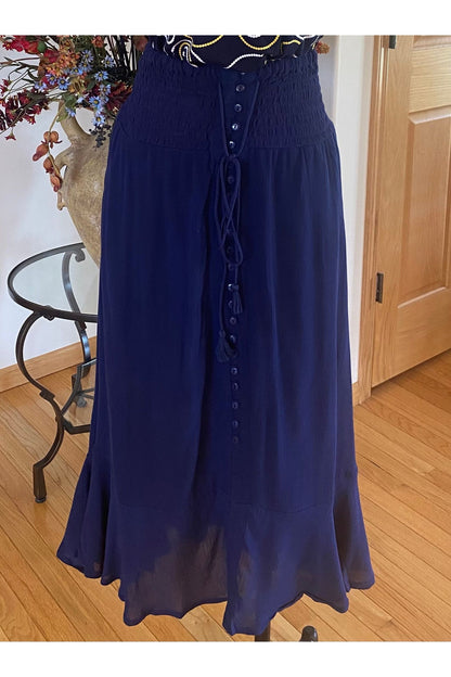 Keren Hart - Maxi Skirt Faux Buttons Up the Front With Gathered Elastic High Waist Band - Navy