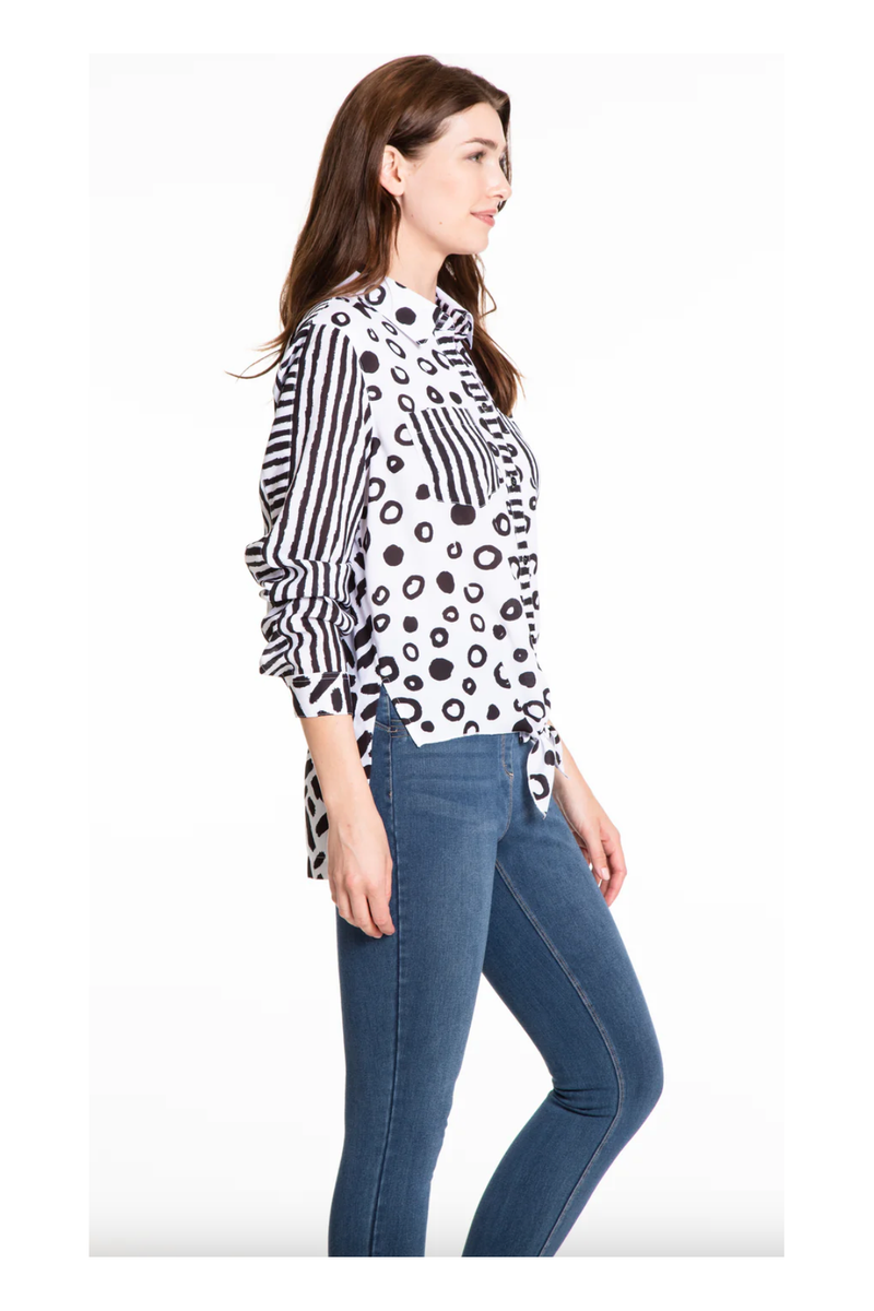 Multiples - Cuffed Longsleeve Tie Waist Button Front 2 Pocket Hi-Lo Shirt - Black and White - M13606BM