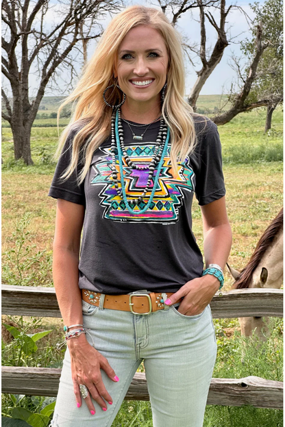 Texas True - Callie Ann Steelier Neon Aztec T-Shirt - Solid Dark Grey