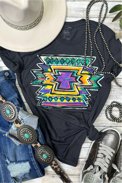 Texas True - Callie Ann Steelier Neon Aztec T-Shirt - Solid Dark Grey