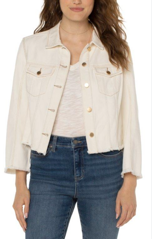 Trucker Jacket with Fray Hem and Wide Sleeves
