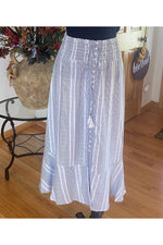 Keren Hart - Sriped A-line Maxi Skirt Faux Buttons Up the Front With Gathered Elastic High Waist Band - White/Blue