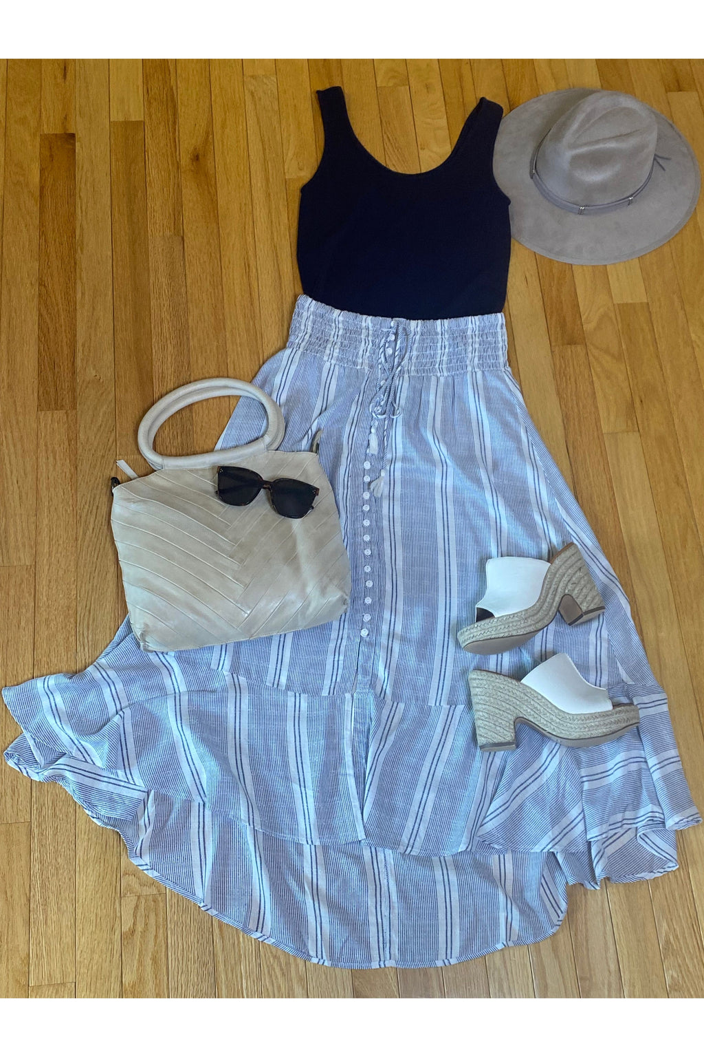 Keren Hart - Sriped A-line Maxi Skirt Faux Buttons Up the Front With Gathered Elastic High Waist Band - White/Blue