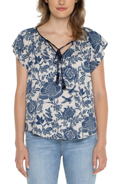 Navy Botanical Tie-Front Blouse