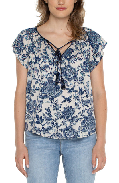 Navy Botanical Tie-Front Blouse