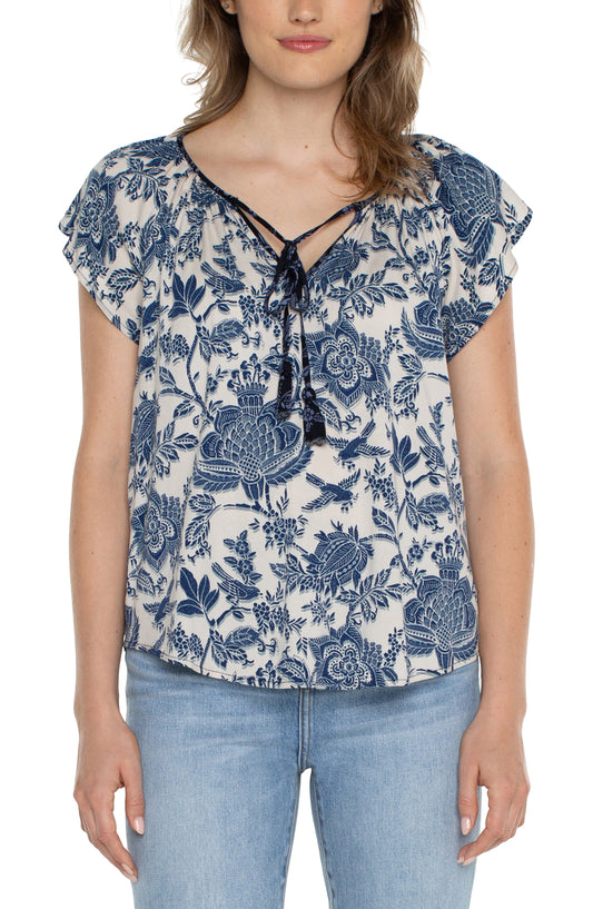 Navy Botanical Tie-Front Blouse