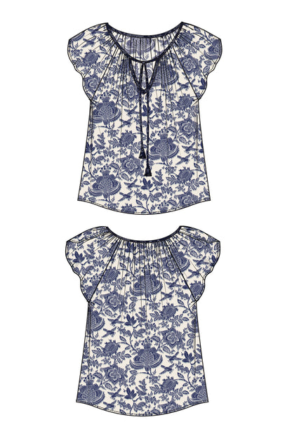 Navy Botanical Tie-Front Blouse