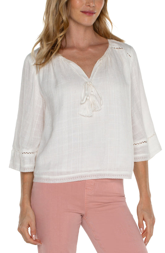 Shirred Woven Tie Front Top With Trim