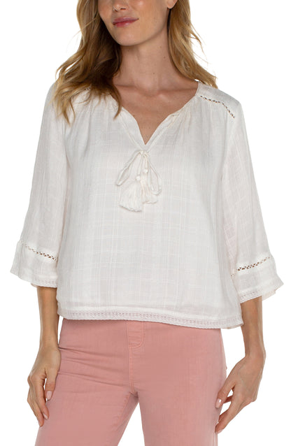 Shirred Woven Tie Front Top With Trim