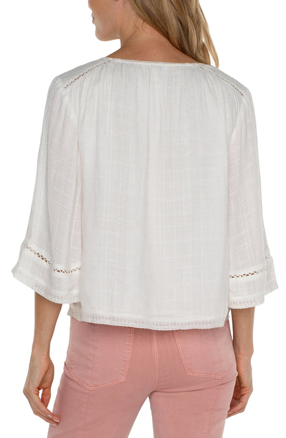 Shirred Woven Tie Front Top With Trim