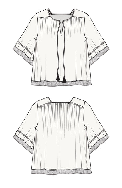 Shirred Woven Tie Front Top With Trim