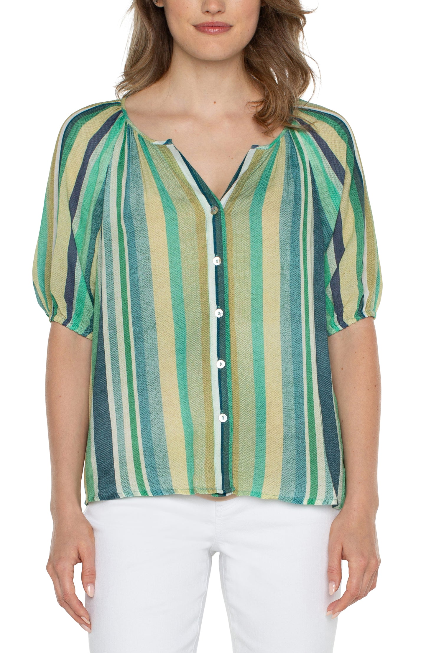 Short Sleeve Button Front Shirred Woven Top