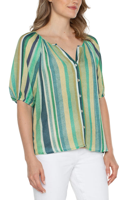 Short Sleeve Button Front Shirred Woven Top