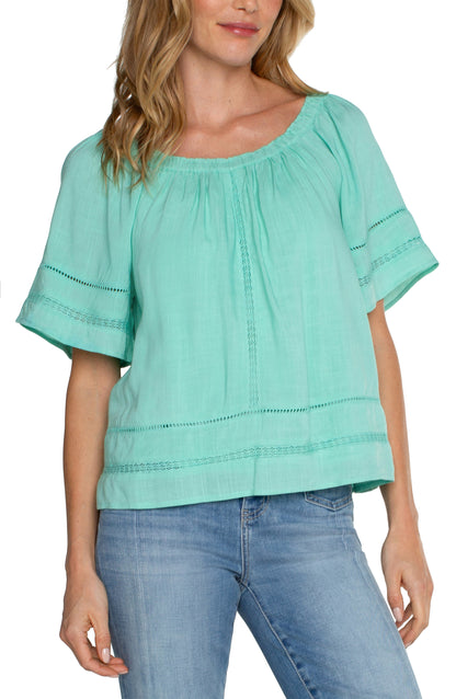 Cropped Bell Sleeve Woven Top With Lace Trim