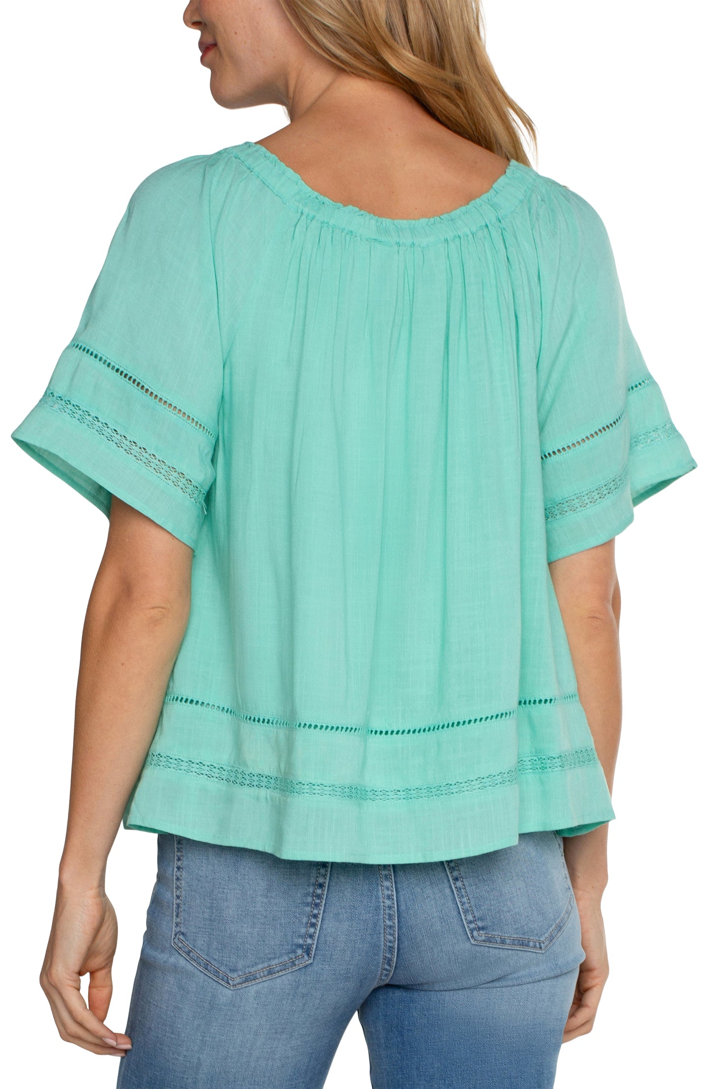 Cropped Bell Sleeve Woven Top With Lace Trim