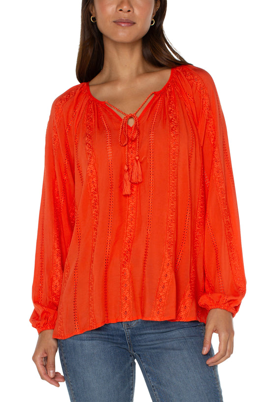 Sunset Glow Lace-Trimmed Peasant Top with Tassel Ties