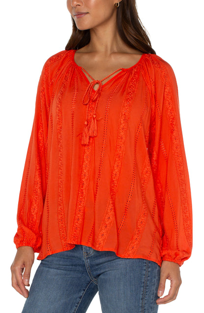 Sunset Glow Lace-Trimmed Peasant Top with Tassel Ties