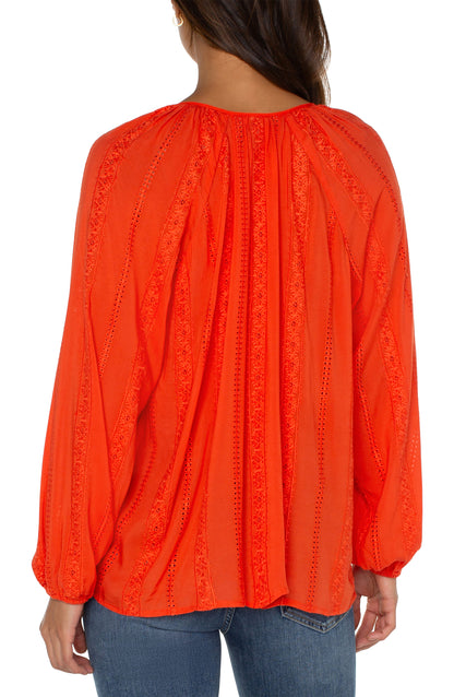 Sunset Glow Lace-Trimmed Peasant Top with Tassel Ties