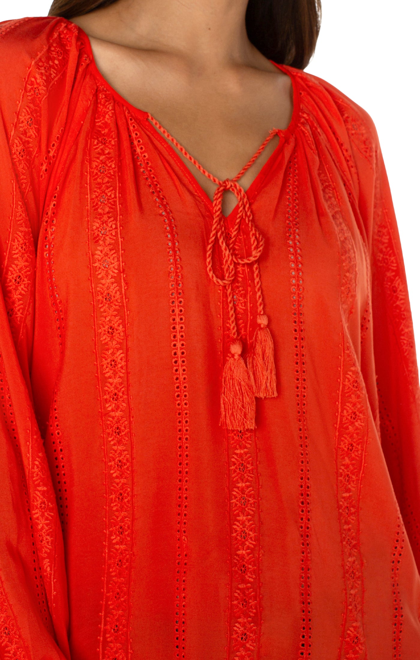 Sunset Glow Lace-Trimmed Peasant Top with Tassel Ties