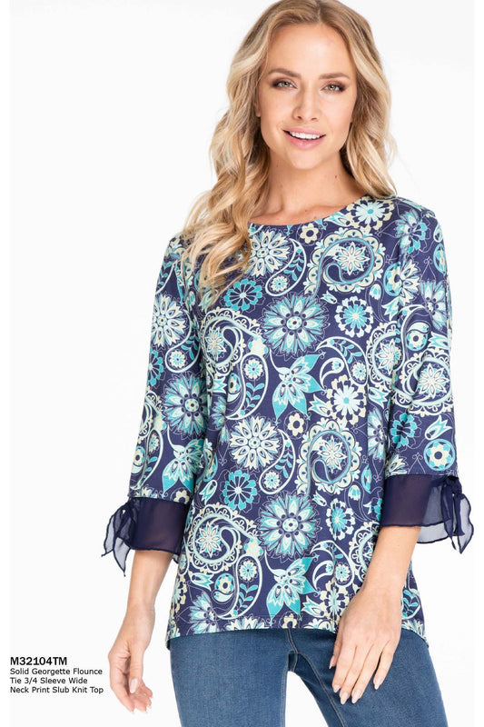 Multiples - 3/4 Flounce Tie Sleeve Blue Multi Top - M32104TM