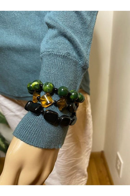 Green, Gold & Black Stretch Bead Bracelet
