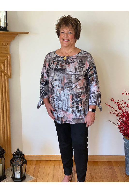 Pure Essence - Print Tunic, 3/4 Sleeve with Tie - Multi