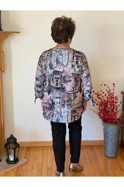 Pure Essence - Print Tunic, 3/4 Sleeve with Tie - Multi