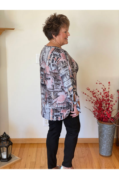 Pure Essence - Print Tunic, 3/4 Sleeve with Tie - Multi