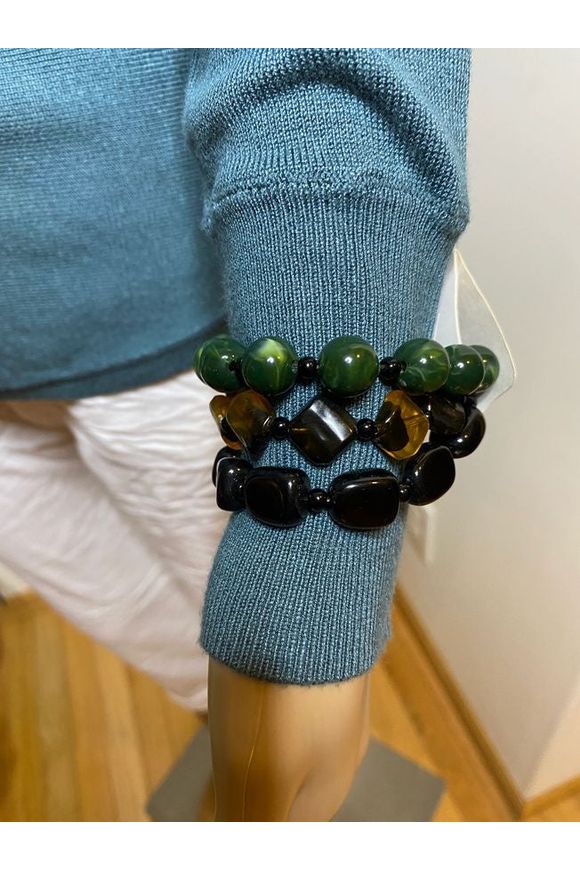 Green, Gold & Black Stretch Bead Bracelet