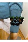 Green, Gold & Black Stretch Bead Bracelet