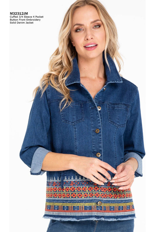 Multiples - Four Pocket Embroidered Denim Jacket with 3/4 Cuffed Sleeve and Buttons - M32312JM/JW