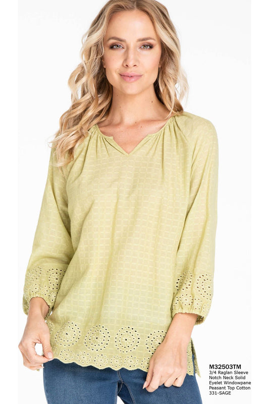 Multiples - 3/4 Raglan Sleeve Notch Neck Peasant Top - M32503TM