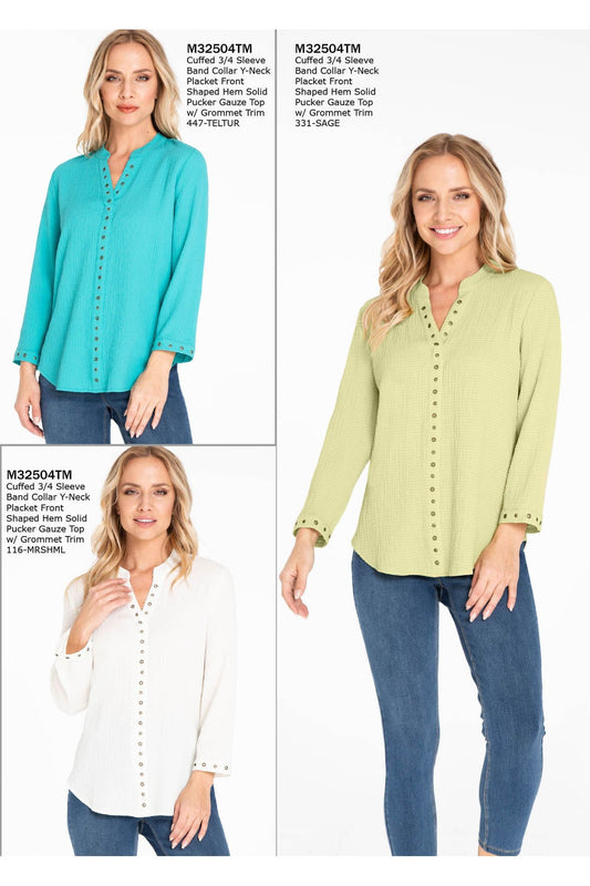 Multiples - Y Neck 3/4 Sleeve Gauze Top with Grommet Embellishments - M32504TM/TW