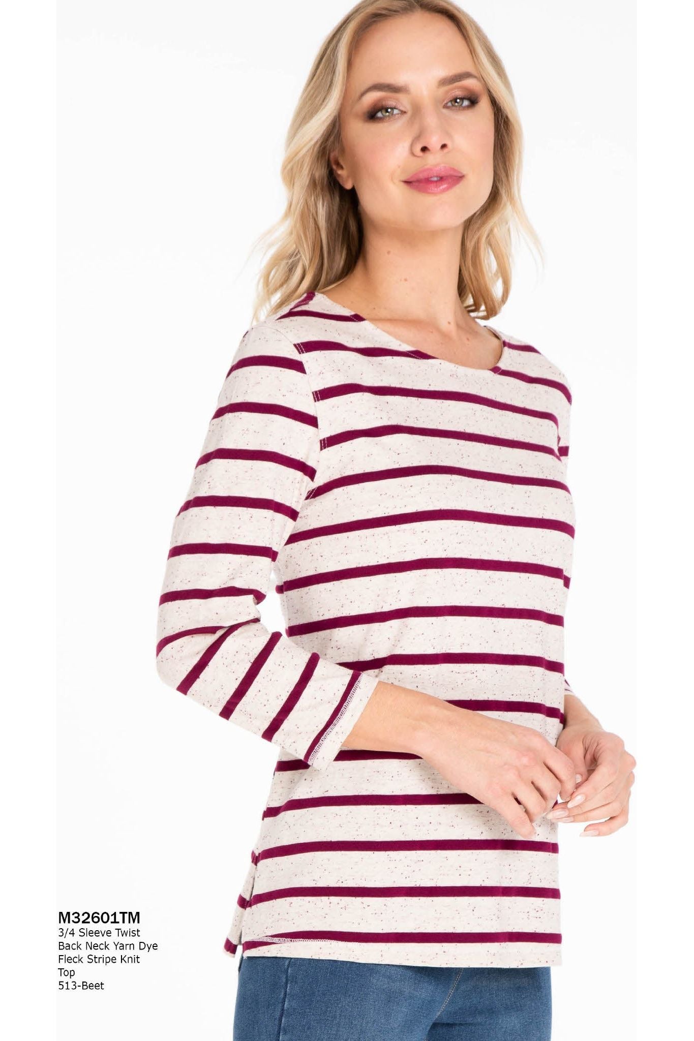 Multiples - 3/4 Sleeve Twist Back Detail Stripe Top - M32601TM