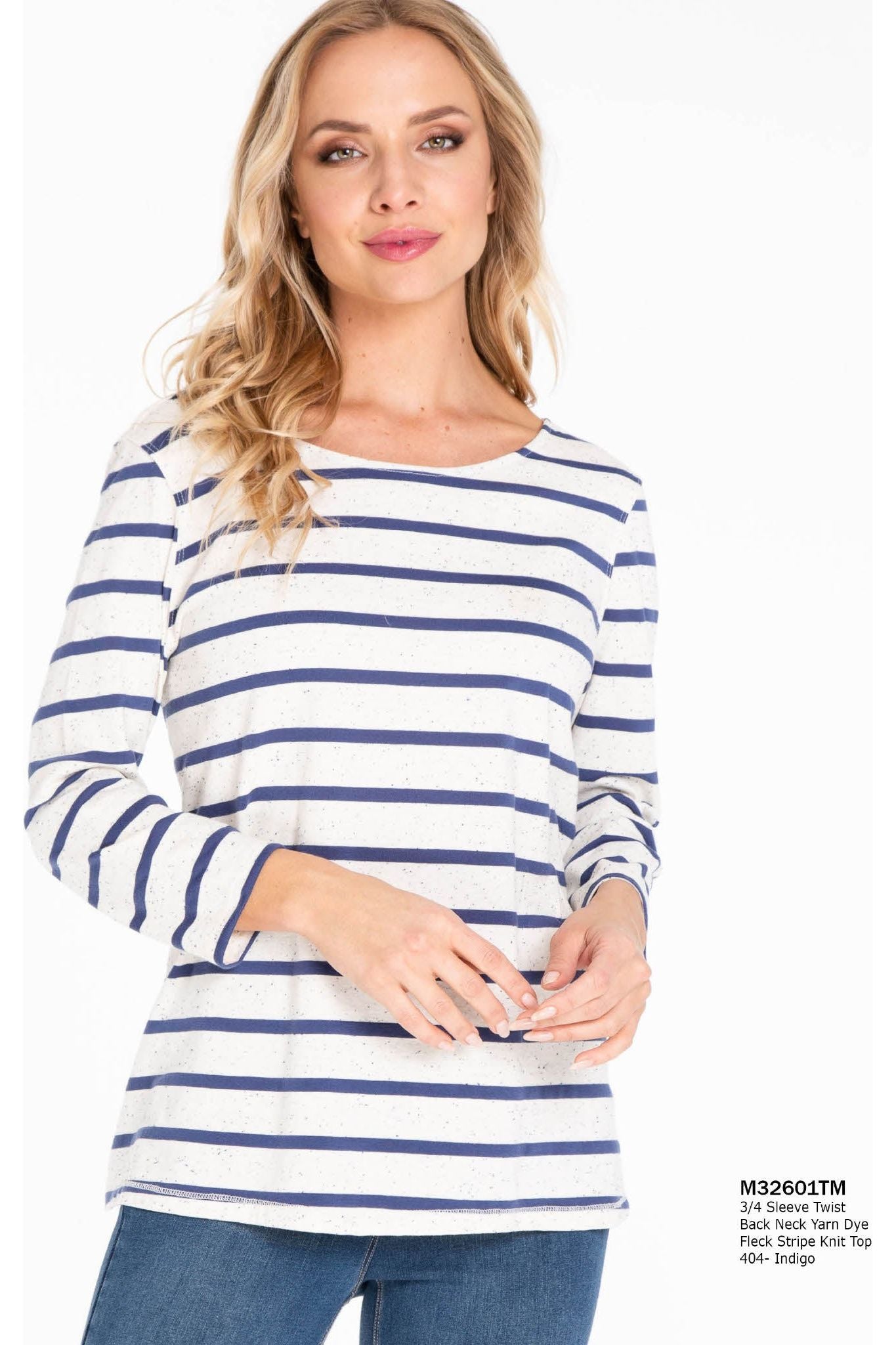 Multiples - 3/4 Sleeve Twist Back Detail Stripe Top - M32601TM