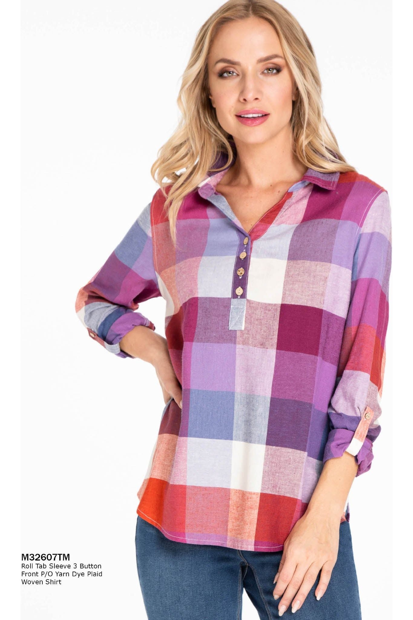 Multiples - Roll Tab Sleeve Button Plaid Top - M32607TM