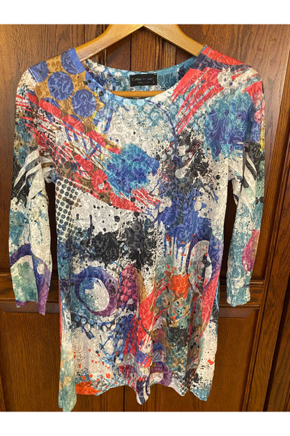 Katharina Marie - 3/4 Sleeve High Low Burnout Tunic - Bright Print - 073